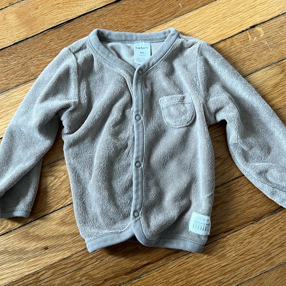 NWOT Carters snap up cardigan, coffee brown color terry cloth fabric. Size 9M